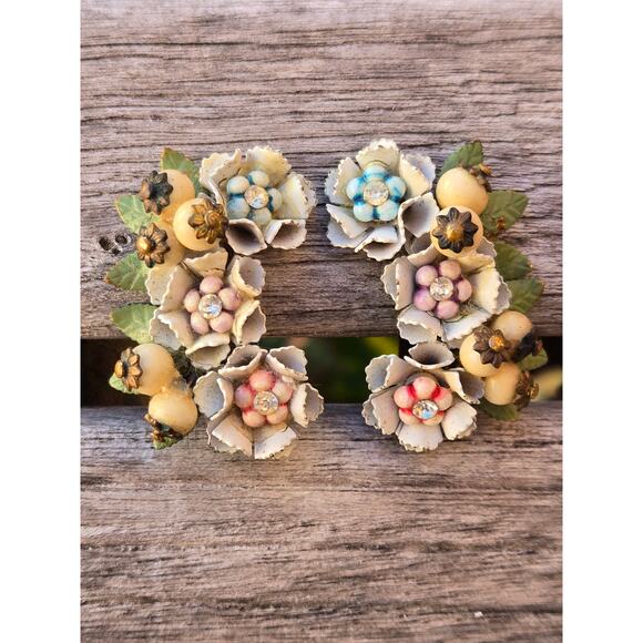 Vintage Clip On Hand Painted Enamel Petal Floral Beaded Cluster Climber Earrings - Picture 2 of 10